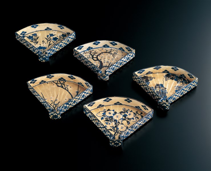 送料無料 尾形乾山六世 三浦乾也作 銹絵染付絵替わり煎茶碗5客 無傷