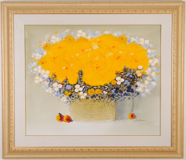 真作保証 平山講平 花図 油彩 サイン有 額装 油絵 花 絵画 額縁付