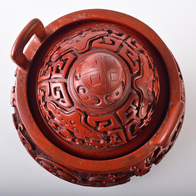 中国剔紅堆朱神獣彫香炉唐木台付DR8251