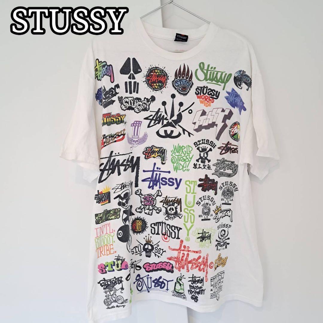 STUSSYステューシー 総柄Tシャツ オール歴代ロゴ 両面プリント Y2K L STUSSYステューシー 総柄Tシャツ オール歴代ロゴ 両面プリント Y2K L